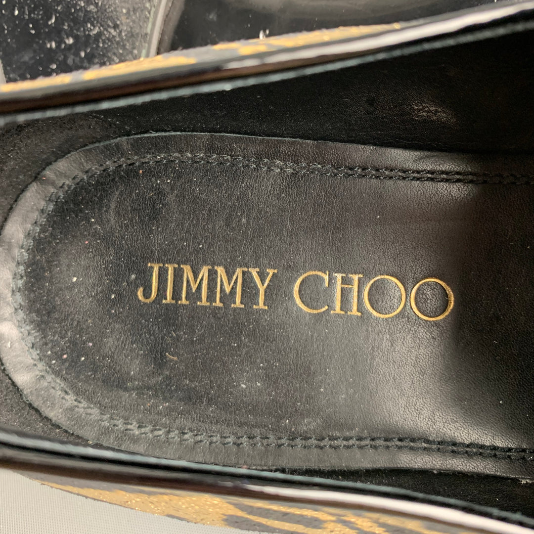 JIMMY CHOO Talla 9 Mocasines sin cordones de jacquard con estampado animal en color negro y dorado