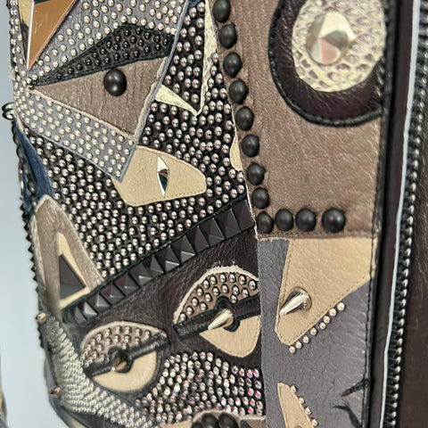FENDI Printemps 2016 Taille 34 Gris Bleu Agneau Cerf Cuir Peau de Serpent Clouté Allover Monster Veste