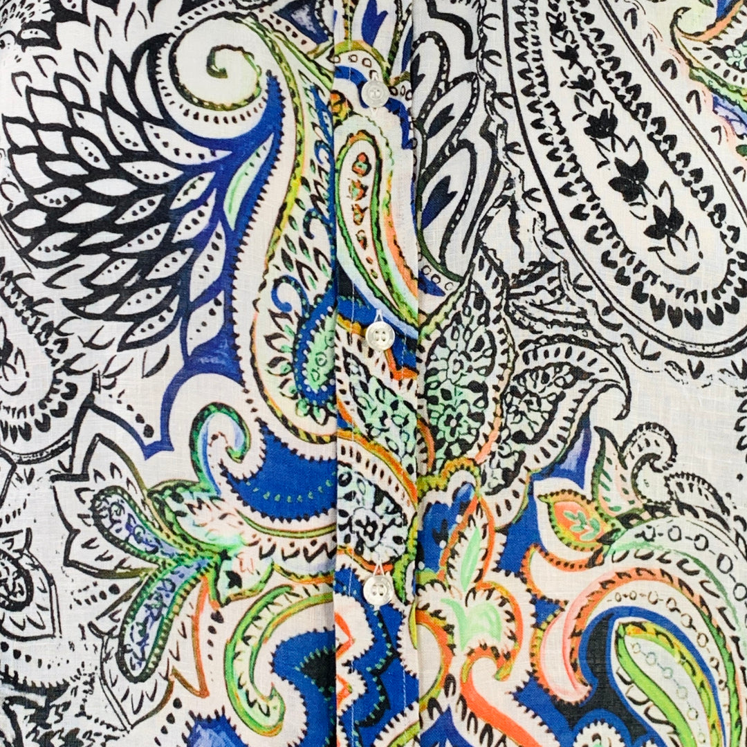 ETRO Size L White Abstract Floral Linen Cutaway Long Sleeve Shirt