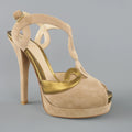 FENDI Size 9 Taupe Suede Metallic Gold Leather Peep Toe Platform Sandals FENDI