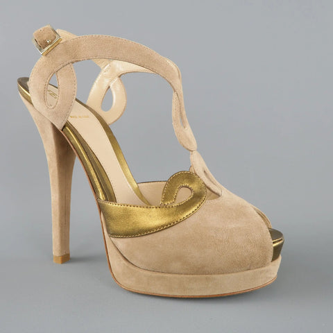 FENDI Size 9 Taupe Suede Metallic Gold Leather Peep Toe Platform Sandals FENDI