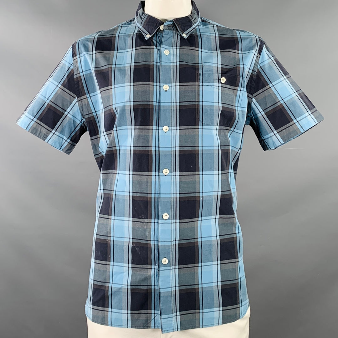 TODD SNYDER Size XL Blue Navy Checkered Cotton One Pocket Short Sleeve Shirt