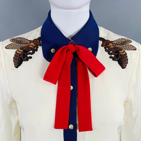 GUCCI Size 2 Cream Red Blue Silk Embellishment Pussybow Honeybees Blouse