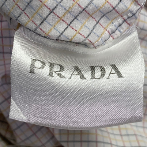 PRADA Size S White Multi Color Checkered Cotton Point Collar Long Sleeve Shirt