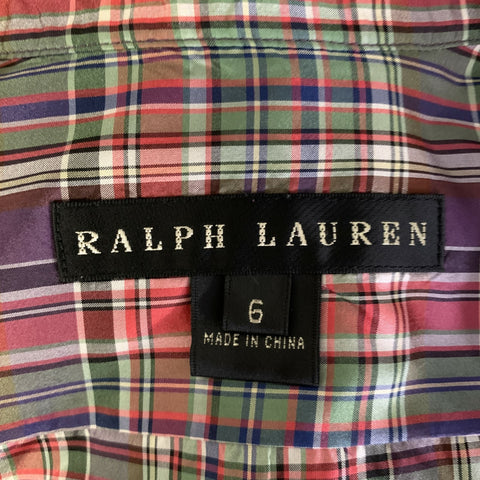 RALPH LAUREN Size 6 Purple Green Silk Plaid Dress Top
