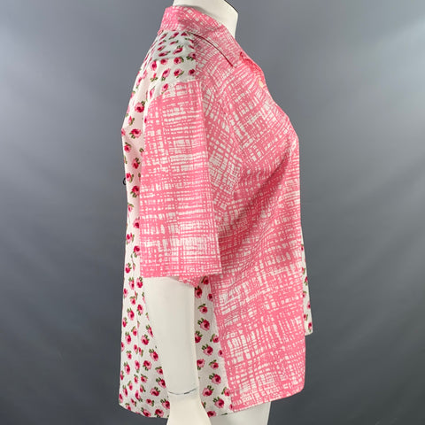 PRADA Size L Pink White Mixed Fabrics Floral Crosshatch One Pocket Camp Shirt