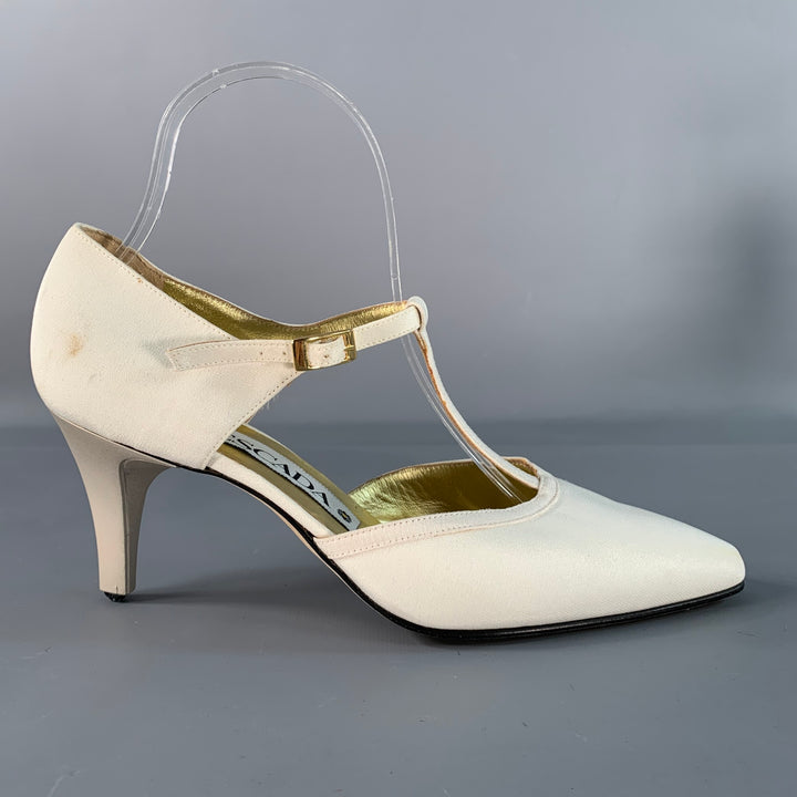 ESCADA Size 8 Ivory Silk Leather T- Strap Pumps