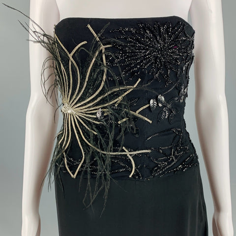 RICHARD TYLER Size 10 Black Jersey Strapless Bead Embroidered Gown