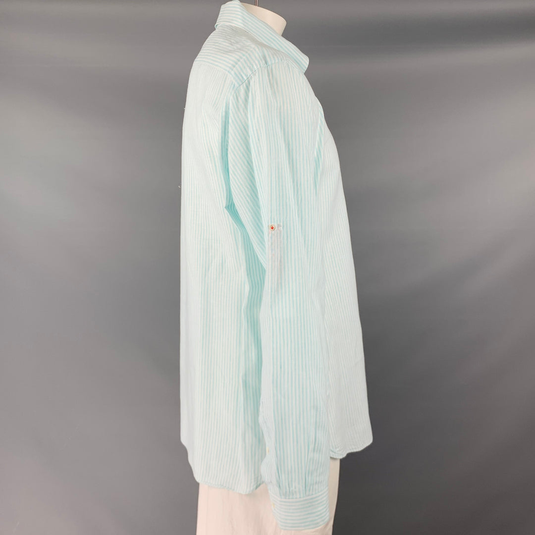 ISAIA Size XL Blue White Stripe Linen Cotton Roll Tab Long Sleeve Shirt