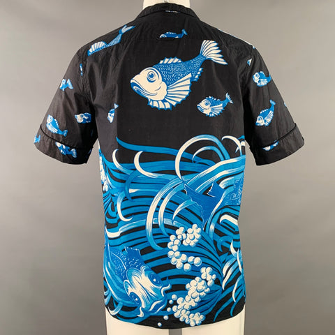 VALENTINO Size S Black White Blue Koi Fish Cotton One Pocket Camp Short Sleeve Shirt