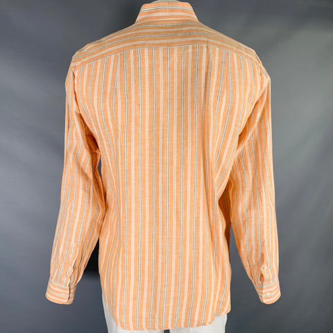 BRIONI Size L Orange Stripe Linen Button Up Long Sleeve Shirt