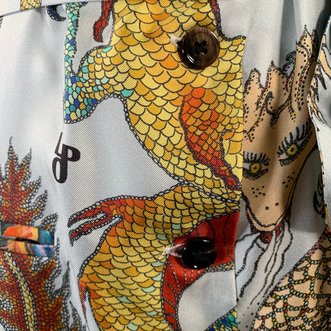 LA PRESTIC OUISTON Size S Blue Multi Color Silk Dragons Belted Shirt Dress