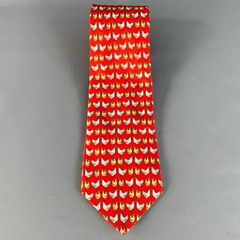 HARRODS Red Multi Color Birds Silk Tie