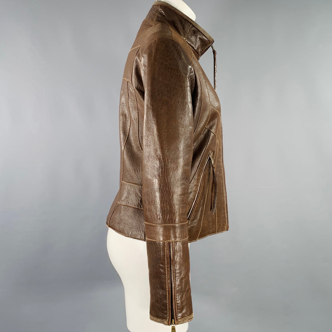 MARC NEW YORK Size S Brown Leather Contrast Stitch Zip Up Jacket