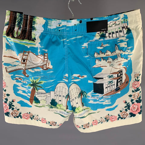 AMIRI SS23 CALIFORNIA HAWAIIAN Size 36 Blue Graphic Polyester Blend Drawstring Swim Trunks