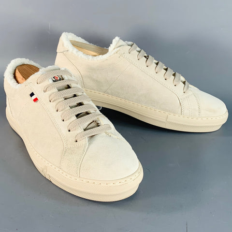 MONCLER Size 9 Beige Stone Suede Low Top Shearling Lined Lace-Up Sneakers