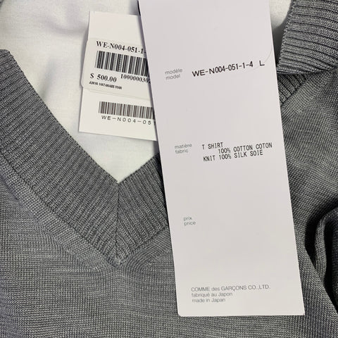 JUNYA WATANABE 2019 Size L White Grey Mixed Materials Silk Cotton V-Neck T-shirt