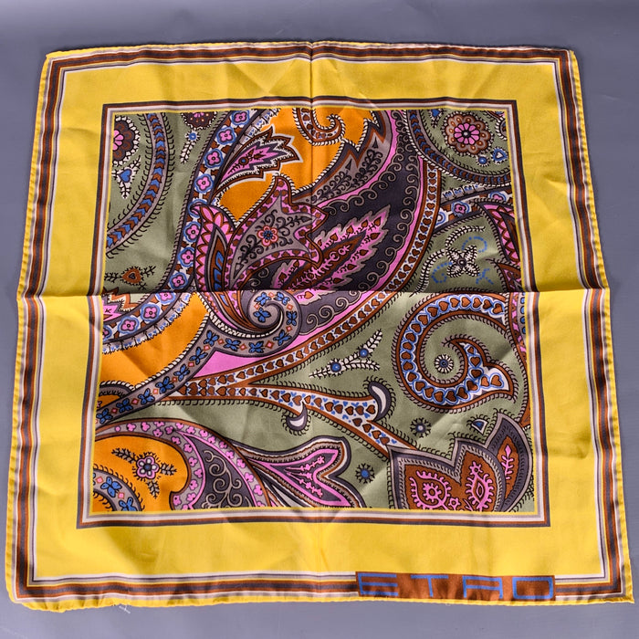 ETRO Yellow Multi-Color Paisley Silk Pocket Square