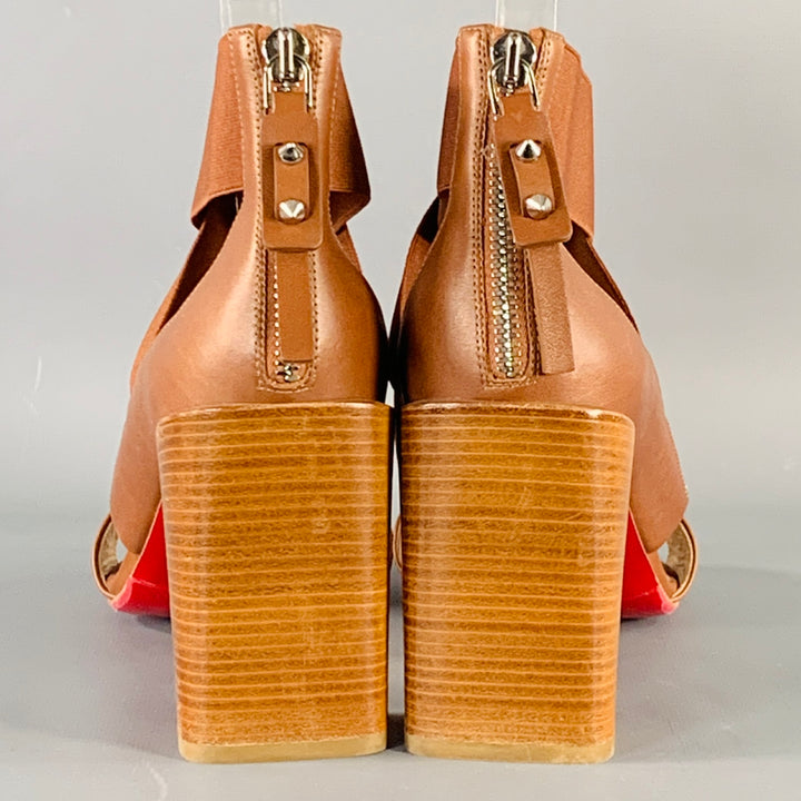 CHRISTIAN LOUBOUTIN Size 9.5 Patrouille Brown Leather Elastic Straps Block Heel Sandals