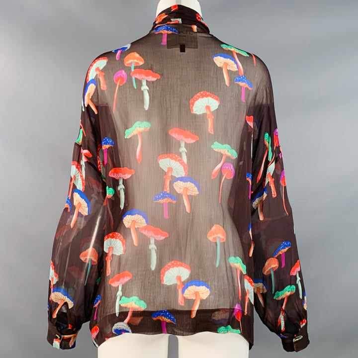 LE SUPERBE Size S Field Trip Brown Multi Color Chiffon Sheer Mushroom V-Neck Blouse