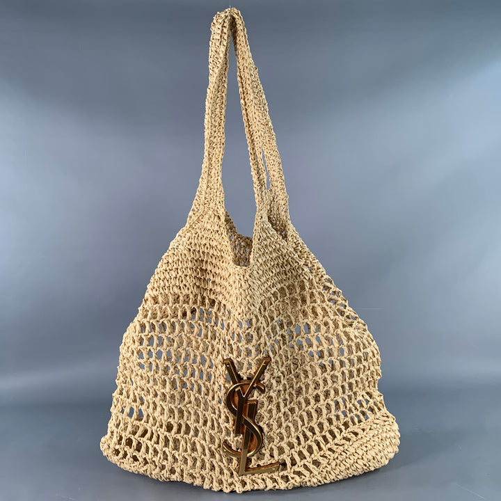 YVES SAINT LAURENT Icare Maxi Gold Natural Crochet Raffia Logo Tote Handbag