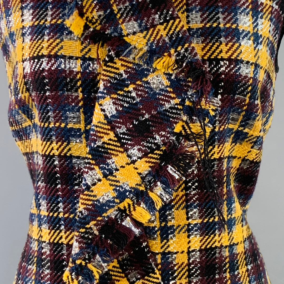 MSGM Size 8 Yellow Black Silver Wool Blend Plaid Ruffle Mini Dress