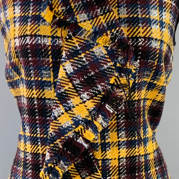 MSGM Size 8 Yellow Black Silver Wool Blend Plaid Ruffle Mini Dress