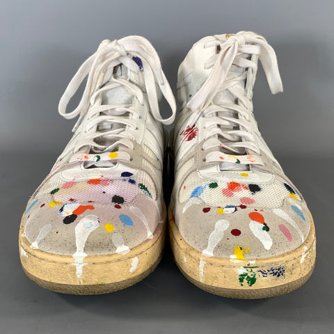 LANVIN Size 8 White Multi Color Splattered Leather High Top Sneakers