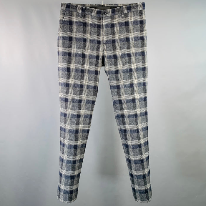 ETRO Size 32 Navy Grey Black Plaid Wool Blend Zip Fly Dress Pants