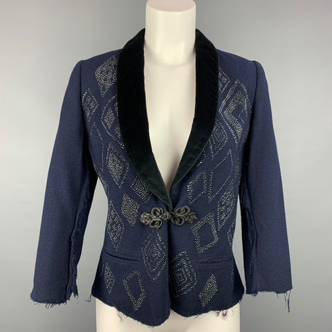 VINTAGE Size S Navy & Black Crepe Rhinestones Tuxedo Jacket