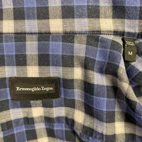 ERMENEGILDO ZEGNA Size M Blue Grey Checkered Long Sleeve Shirt