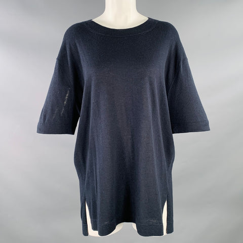 JARBO Size 2 Navy Silk Cashmere Short Sleeve Crew Neck Oversized T-shirt Casual Top