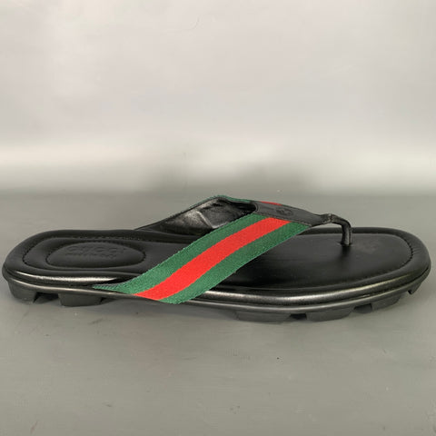 GUCCI Size 10.5 Black Green & Red Stripe Leather Thong Sandals