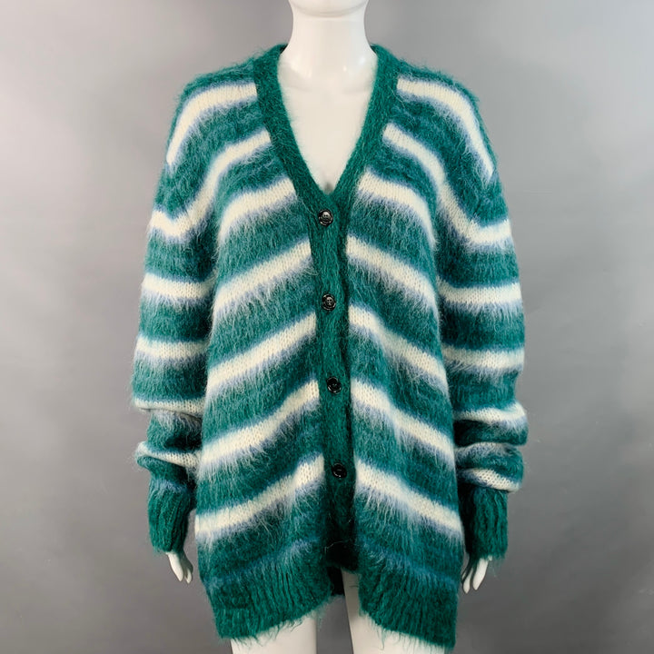 MARNI Size 6 Green Blue White Mohair Blend Stripe V-Neck Cardigan