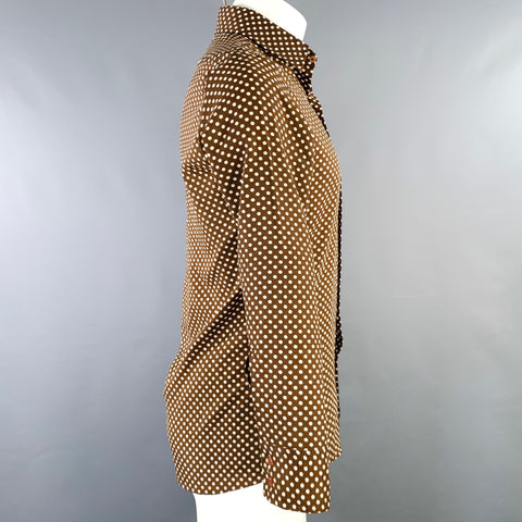 SEARS Size M Brown Cream Polka Dot Polyester One Pocket Long Sleeve Shirt