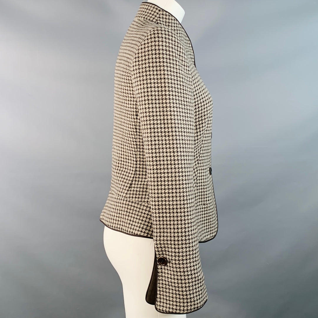 ARMANI COLLEZIONI Size 6 Brown Tan Wool Houndstooth Collarless Jacket Blazer