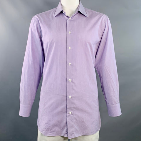 BRIONI Size XL Purple White Stripe Cotton Curved Cutaway Long Sleeve Shirt