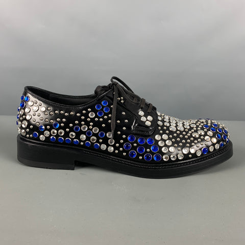 PRADA Size 9 Black Silver & Blue Studded Leather Lace-Up Shoes