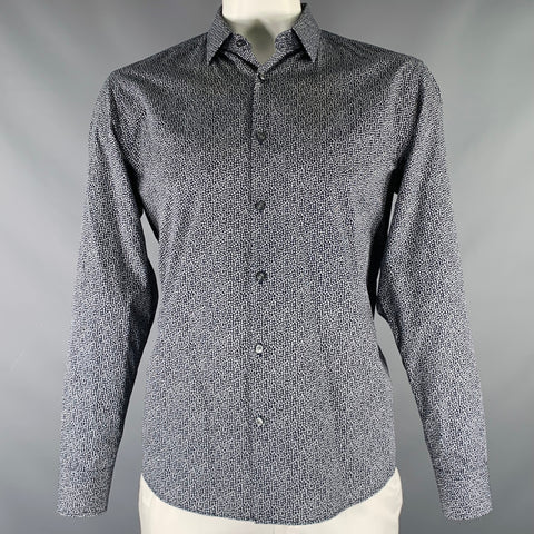Chemise à manches longues boutonnée en coton à motif floral blanc et bleu marine, taille XL, HUGO BOSS