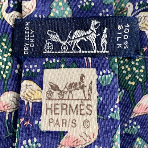 HERMES Blue Multi Color Birds Silk Tie