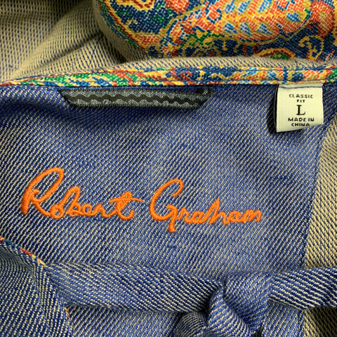 ROBERT GRAHAM Size L Blue Brown Pink Color Block Cotton Linen Pullover