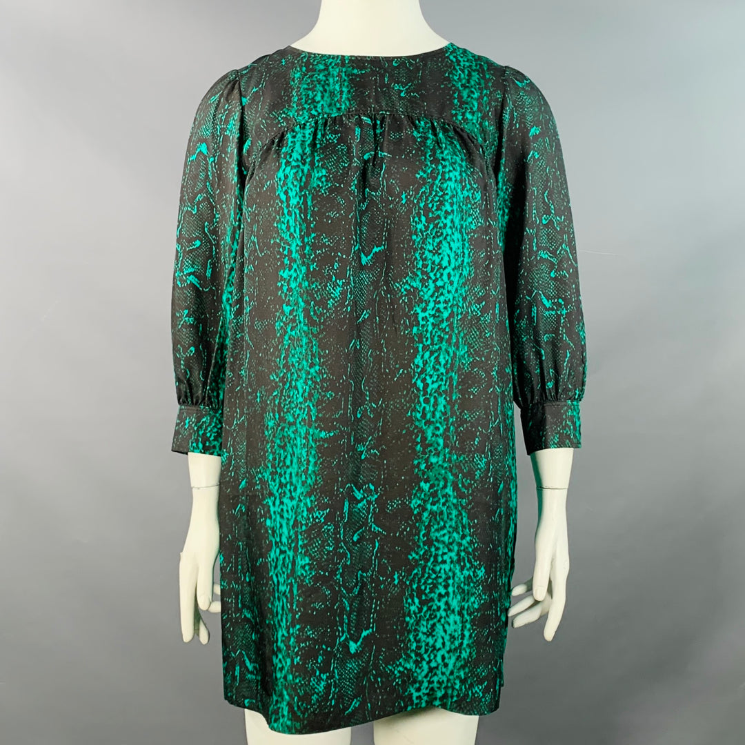 MANOUSH Size 10 Black Green Silk Snakeskin Print Long Sleeve Midi Dress