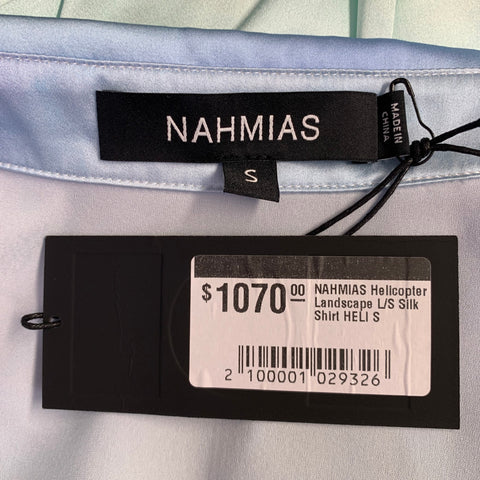 Chemise NAHMIAS à manches longues en soie imprimée multicolore paysage hélicoptère, taille S