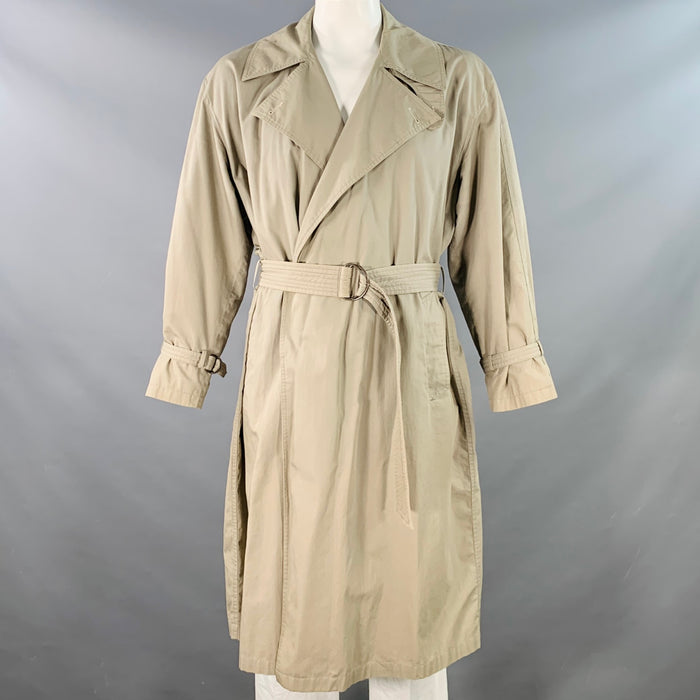 GIORGIO ARMANI Vintage Size L Khaki Cotton Open Front Belted Trenchcoat