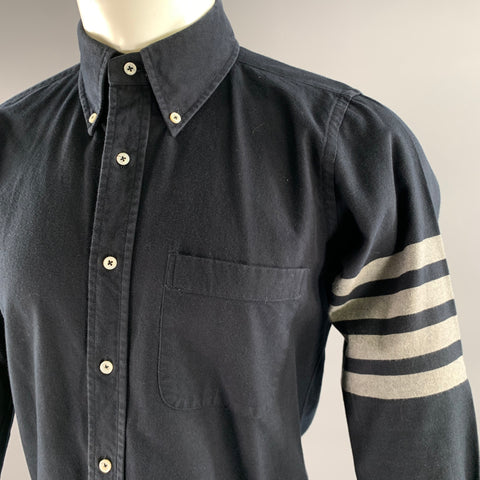 THOM BROWNE Size S Navy Grey Cotton Arm Stripe Long Sleeve Shirt