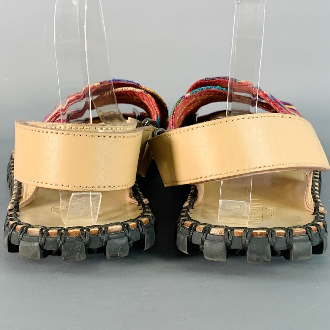 VALENTINO Size 10.5 Tan Multi Color Embroidery Leather Straps Sandals