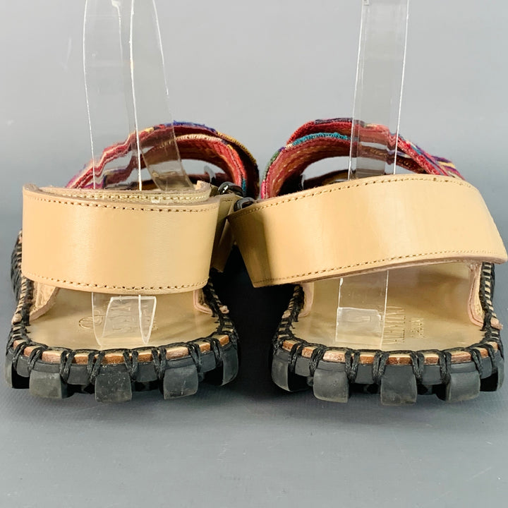 VALENTINO Size 10.5 Tan Multi Color Embroidery Leather Straps Sandals