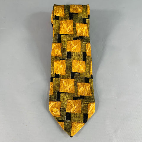 ERMENEGILDO ZEGNA Yellow Green Squares Leaves Silk Tie