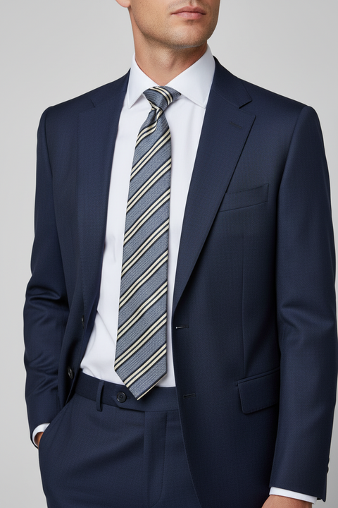 ERMENEGILDO ZEGNA One Size Blue Silver Diagonal Stripe Silk Tie