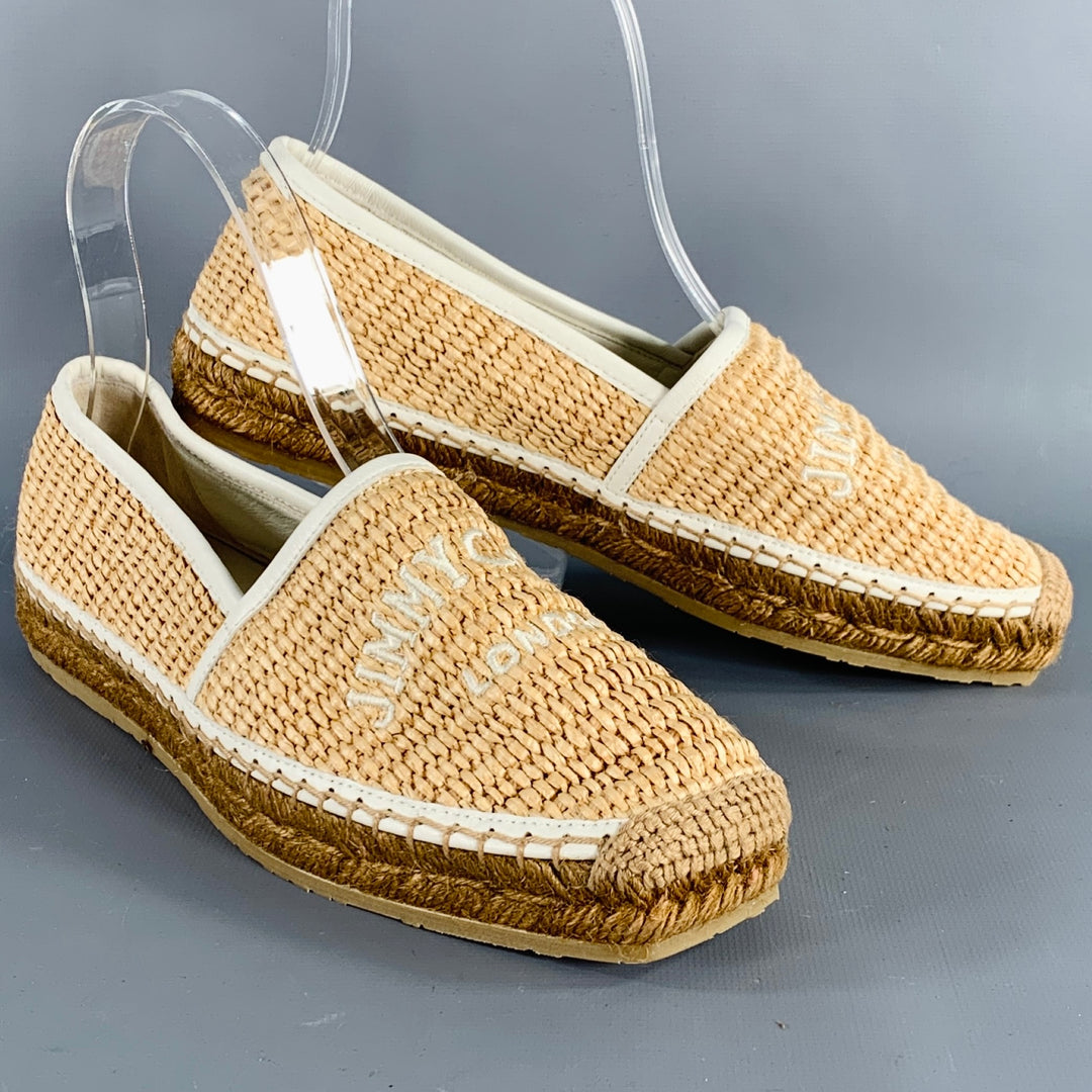 JIMMY CHOO Size 6.5 White Natural Straw Woven Espadrille Flats